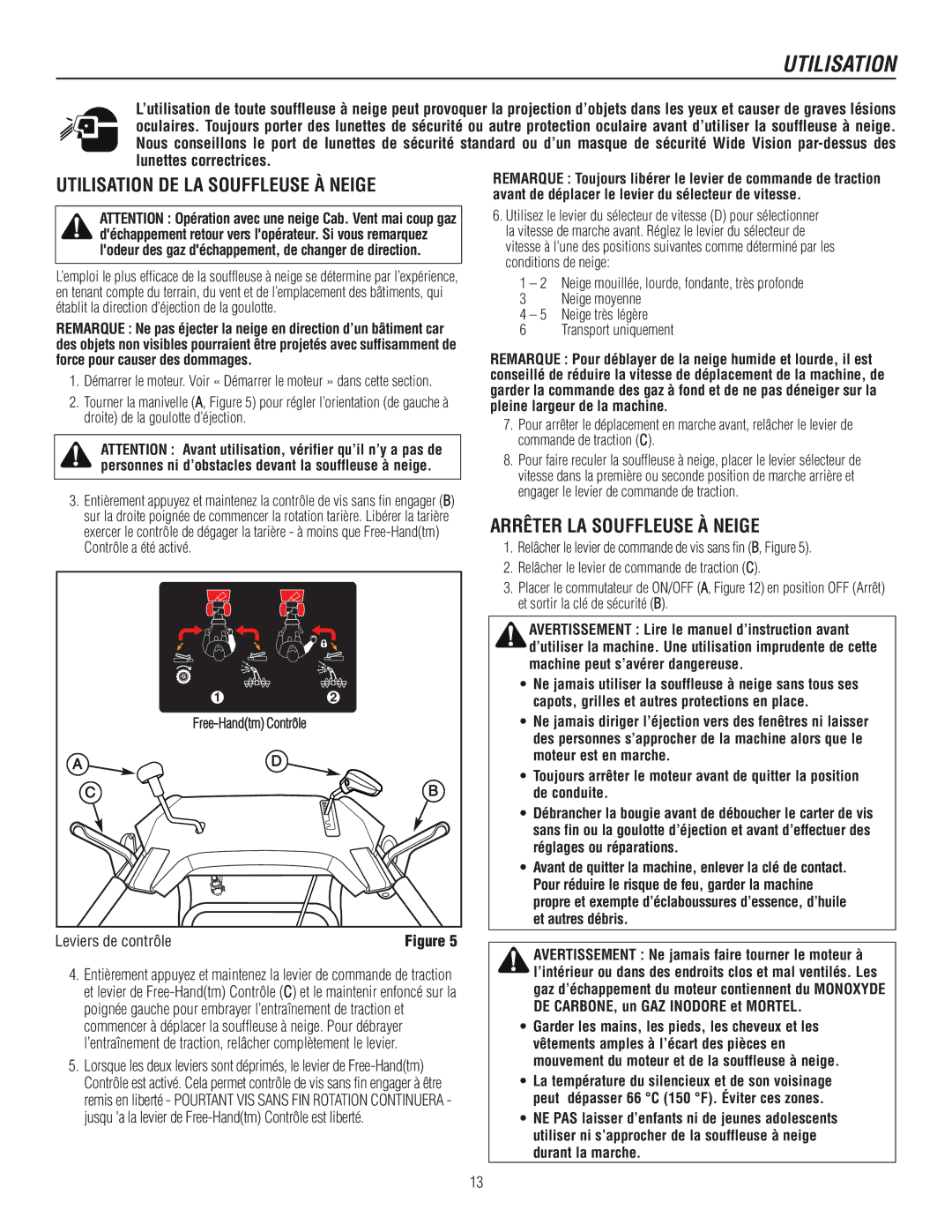 Murray 1737920, 1695722 manual Utilisation DE LA Souffleuse À Neige, Arrêter LA Souffleuse À Neige, Transport uniquement 