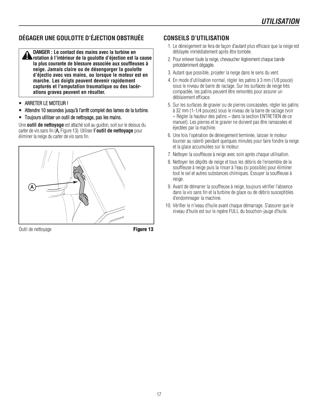 Murray 1737920, 1695722 Conseils D’UTILISATION, Toujours utiliser un outil de nettoyage, pas les mains, Outil de nettoyage 