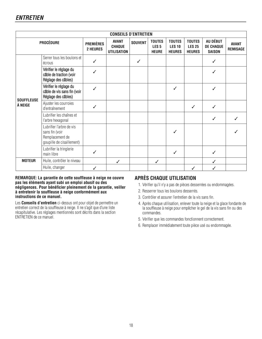 Murray 1695722, 1737920 manual Après Chaque Utilisation 