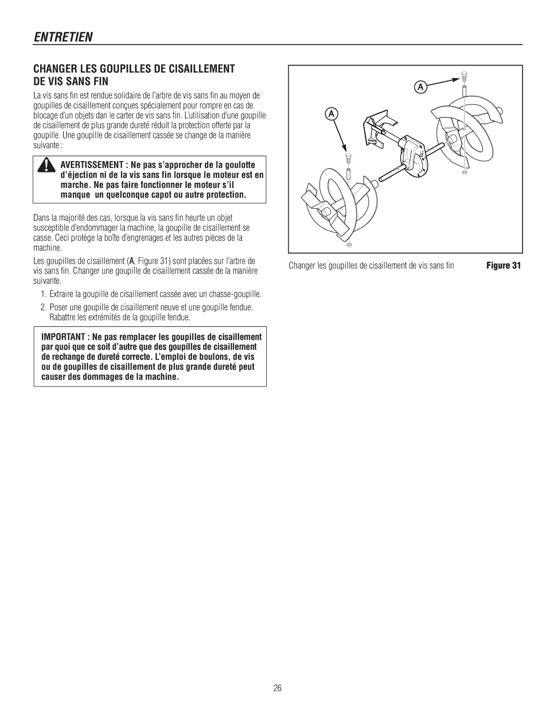 Murray 1695722, 1737920 manual Changer LES Goupilles DE Cisaillement DE VIS Sans FIN 