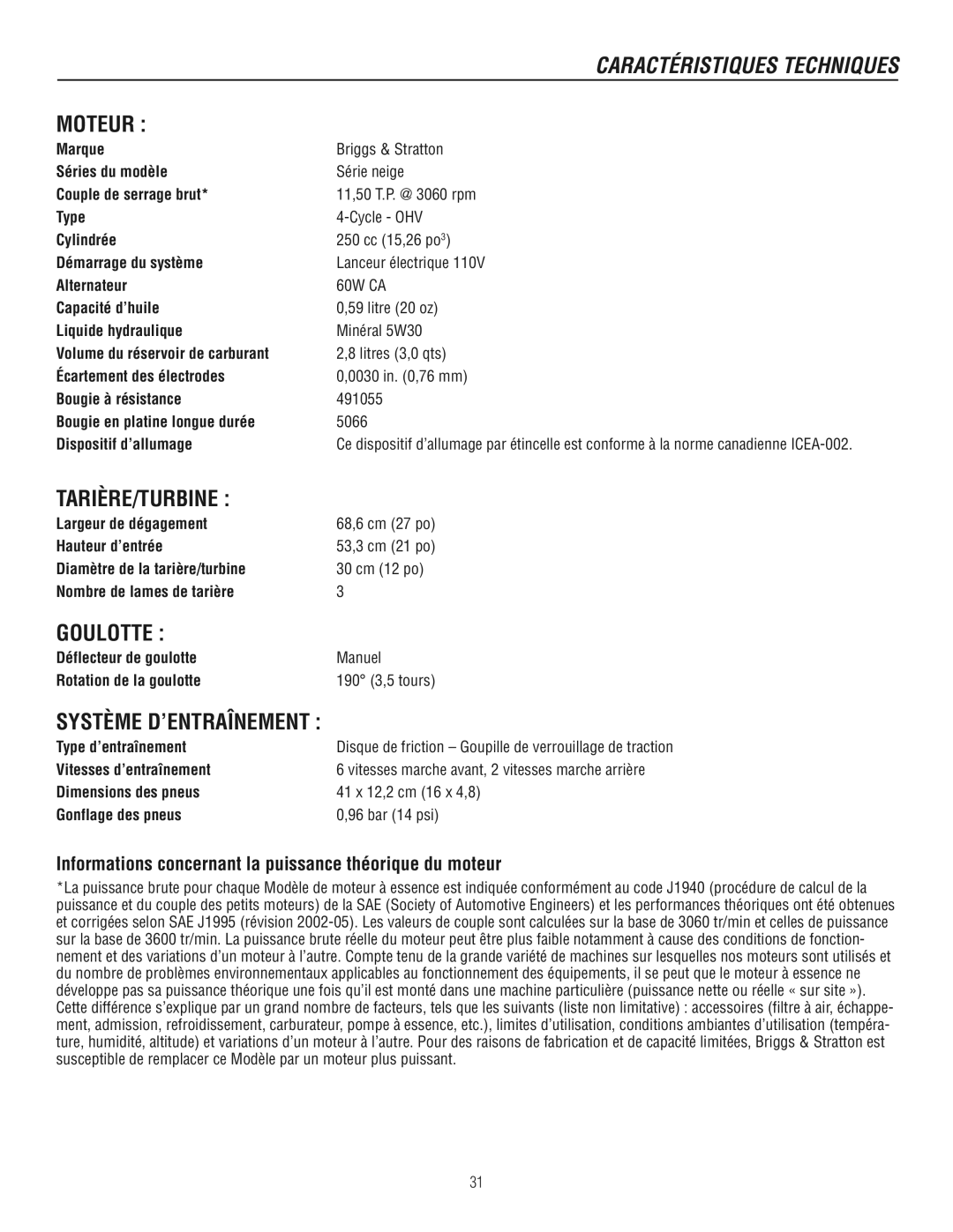 Murray 1737920 Informations concernant la puissance théorique du moteur, Type d’entraînement, Vitesses d’entraînement 