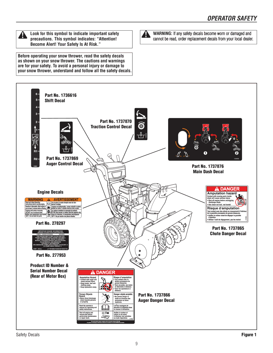 Murray 1737920, 1695722 manual Shift Decal, Auger Control Decal Main Dash Decal 