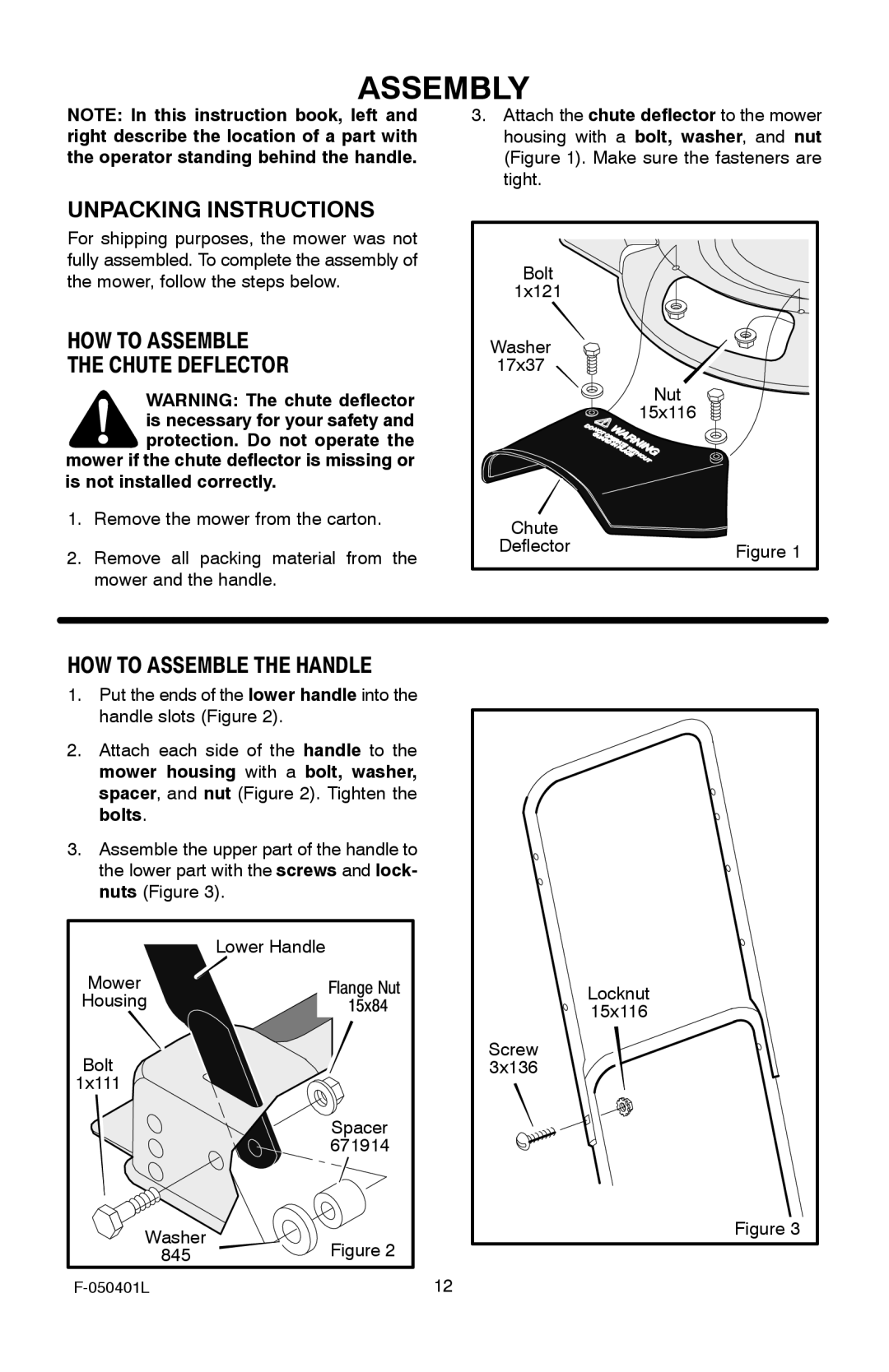 Murray 20-inch Push manual Unpacking Instructions, Is not installed correctly, Tight Bolt, Nut, Chute 