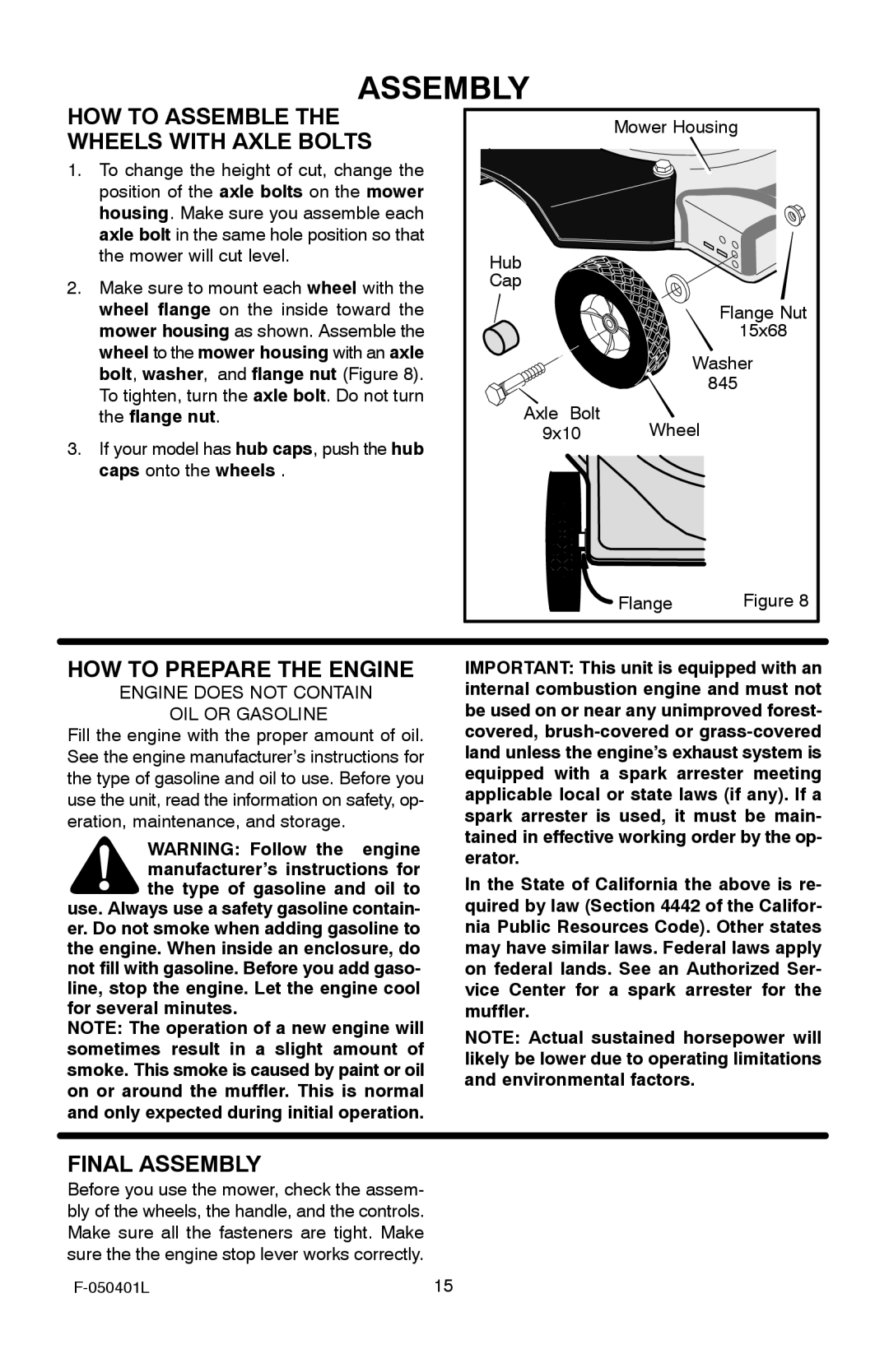 Murray 20-inch Push manual HOW to Assemble the Wheels with Axle Bolts, HOW to Prepare the Engine, Final Assembly 