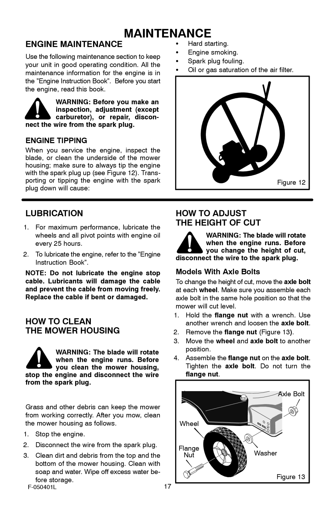 Murray 20-inch Push manual Engine Maintenance, Lubrication, HOW to Clean Mower Housing, HOW to Adjust Height of CUT 