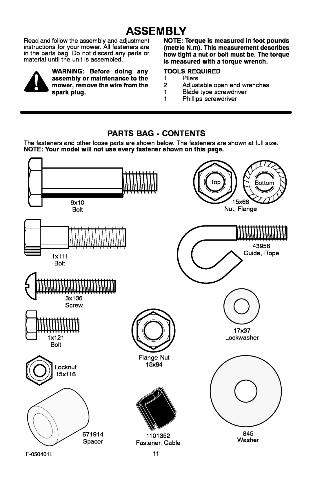 Murray 20-inch Push manual Assembly, Parts Bag - Contents 