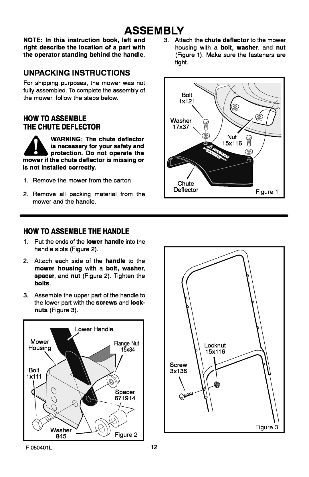 Murray 20-inch Push Assembly, Unpacking Instructions, How To Assemble The Chute Deflector, How To Assemble The Handle 
