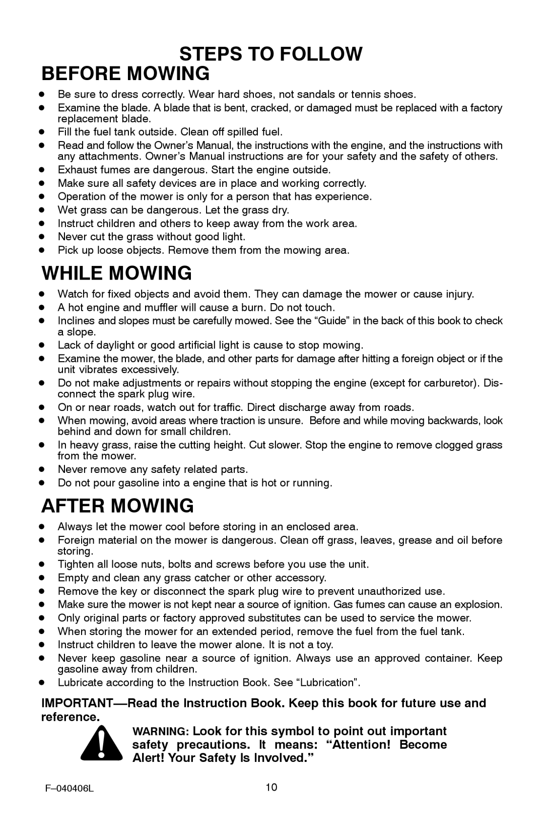 Murray 20-inch manual Steps to Follow Before Mowing, While Mowing, After Mowing 