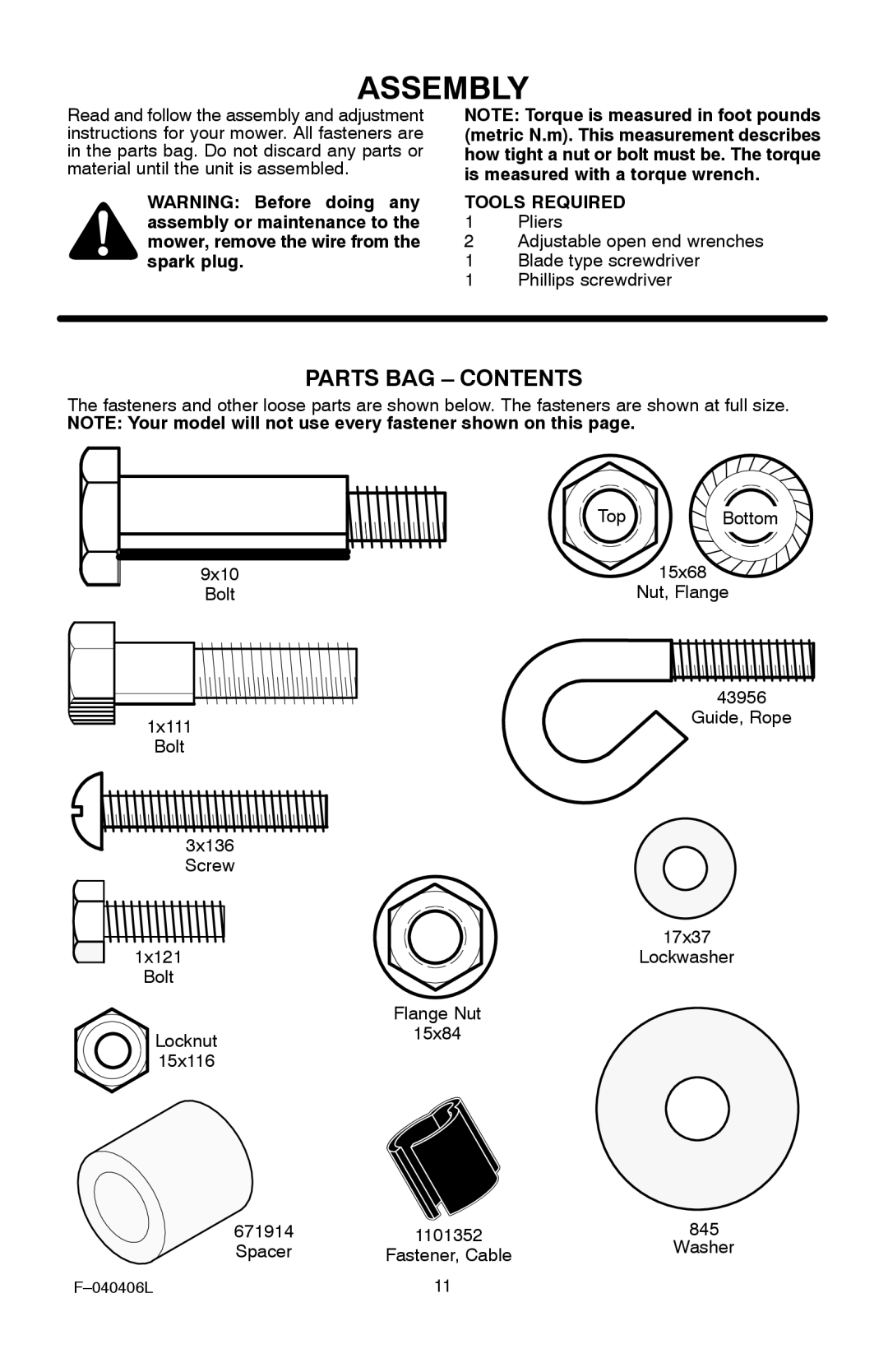 Murray 20-inch manual Assembly, Parts BAG Contents 