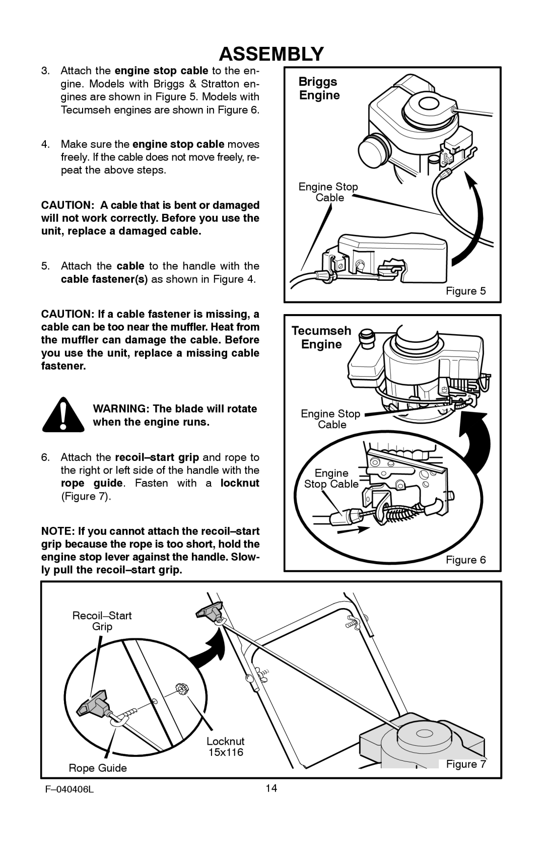 Murray 20-inch manual Engine Stop Cable Recoil-Start Grip Locknut, Rope Guide 