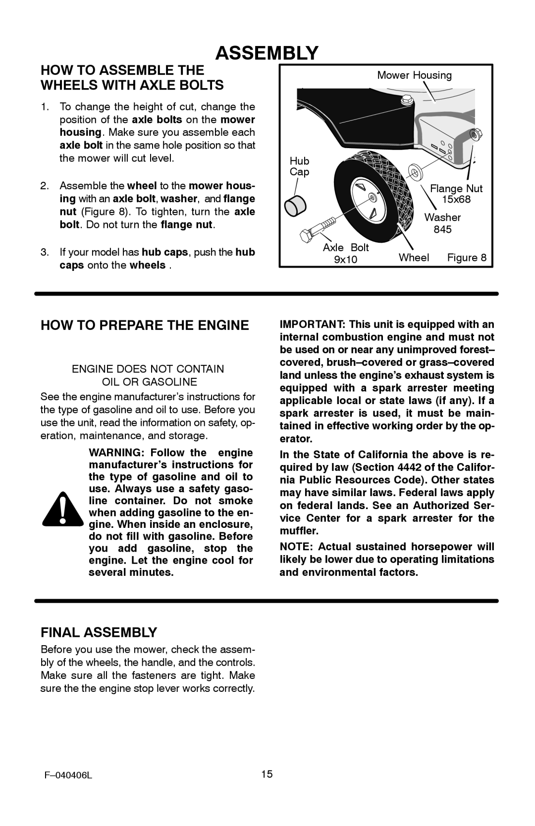 Murray 20-inch manual HOW to Assemble the Wheels with Axle Bolts, HOW to Prepare the Engine, Final Assembly 