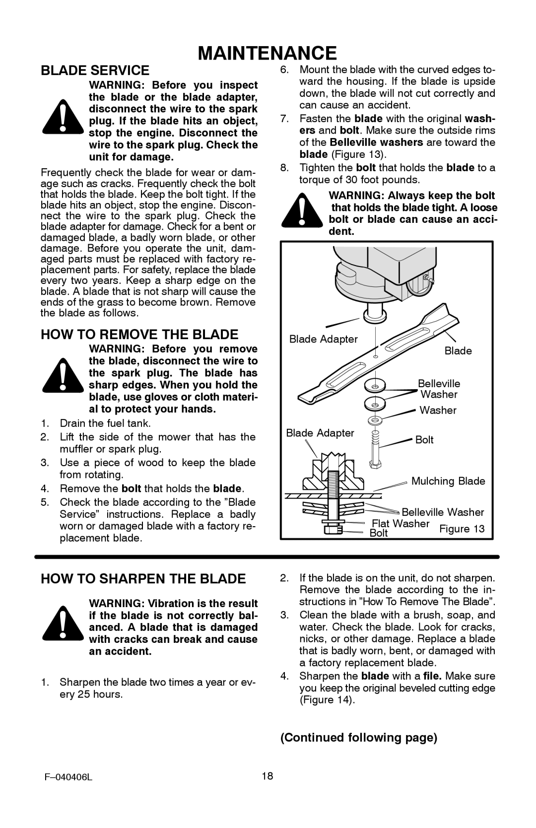 Murray 20-inch manual Blade Service, HOW to Remove the Blade, HOW to Sharpen the Blade 