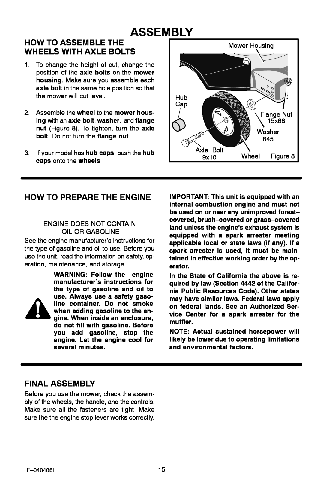 Murray 20-inch How To Assemble The Wheels With Axle Bolts, How To Prepare The Engine, Final Assembly, Mower Housing 