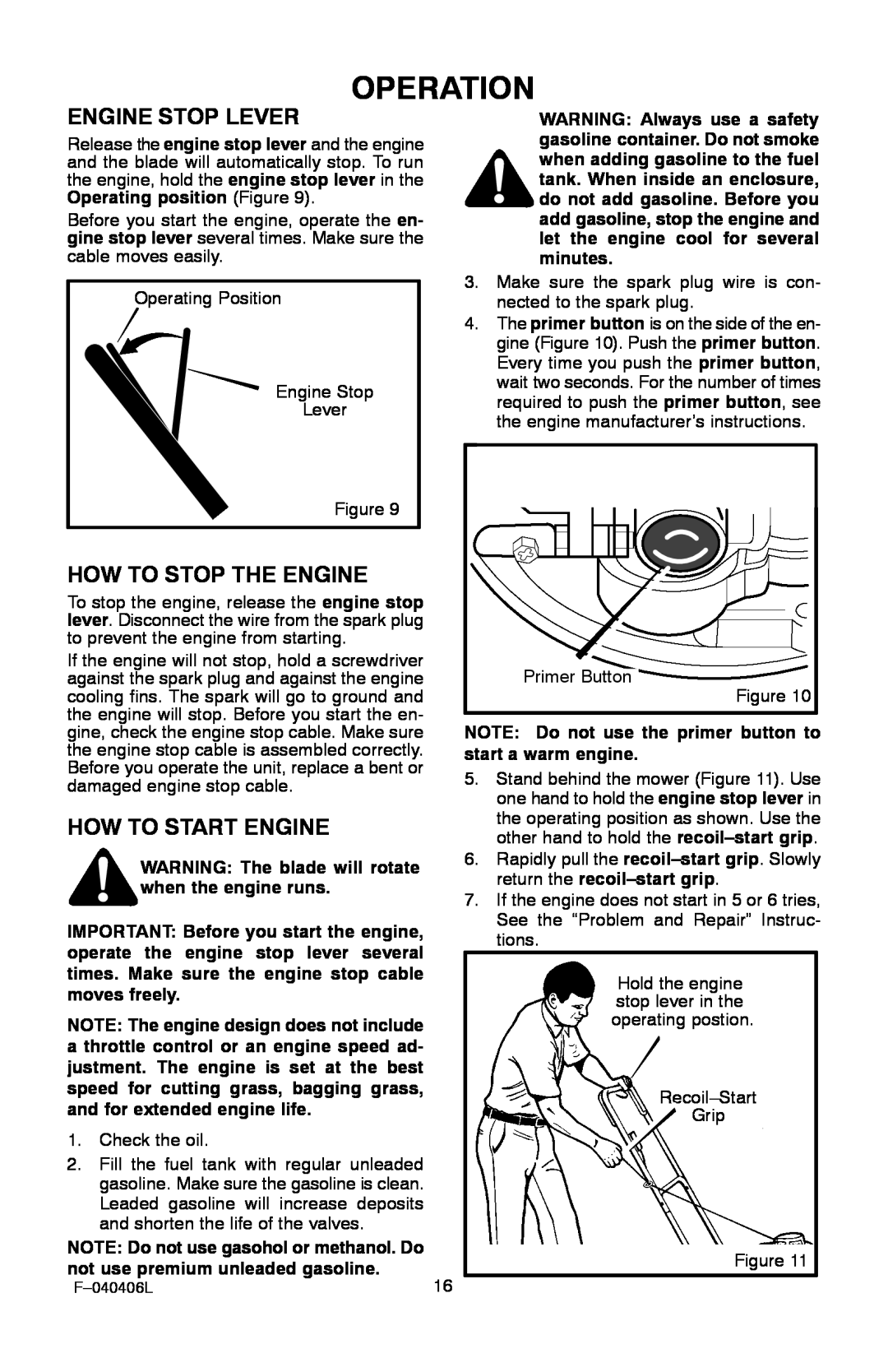 Murray 20-inch manual Operation, Engine Stop Lever, How To Stop The Engine, How To Start Engine 
