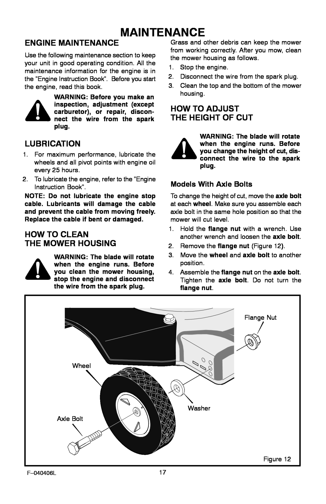 Murray 20-inch Engine Maintenance, How To Adjust, The Height Of Cut, Lubrication, How To Clean, The Mower Housing 
