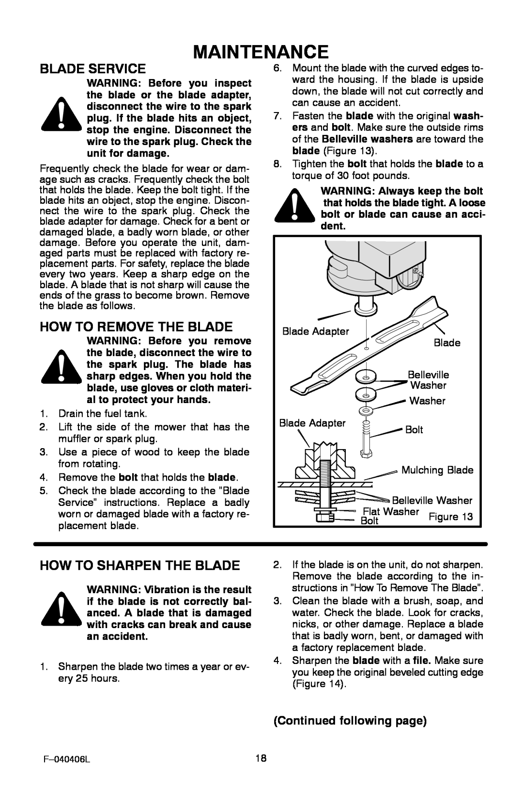 Murray 20-inch Maintenance, Blade Service, How To Remove The Blade, How To Sharpen The Blade, Continued following page 