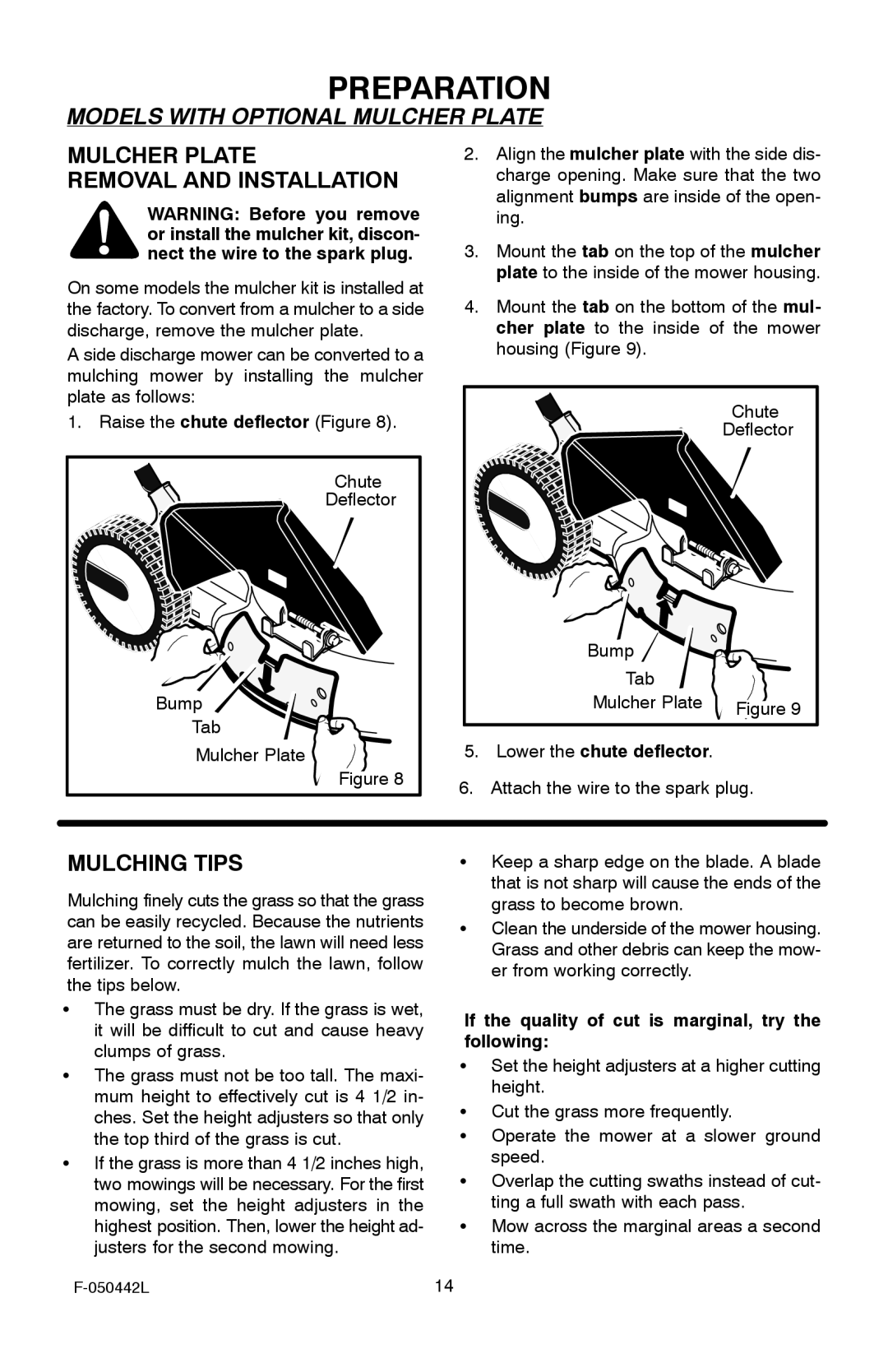 Murray 22 Front Drive manual Mulcher Plate Removal and Installation, Mulching Tips, Lower the chute deflector 