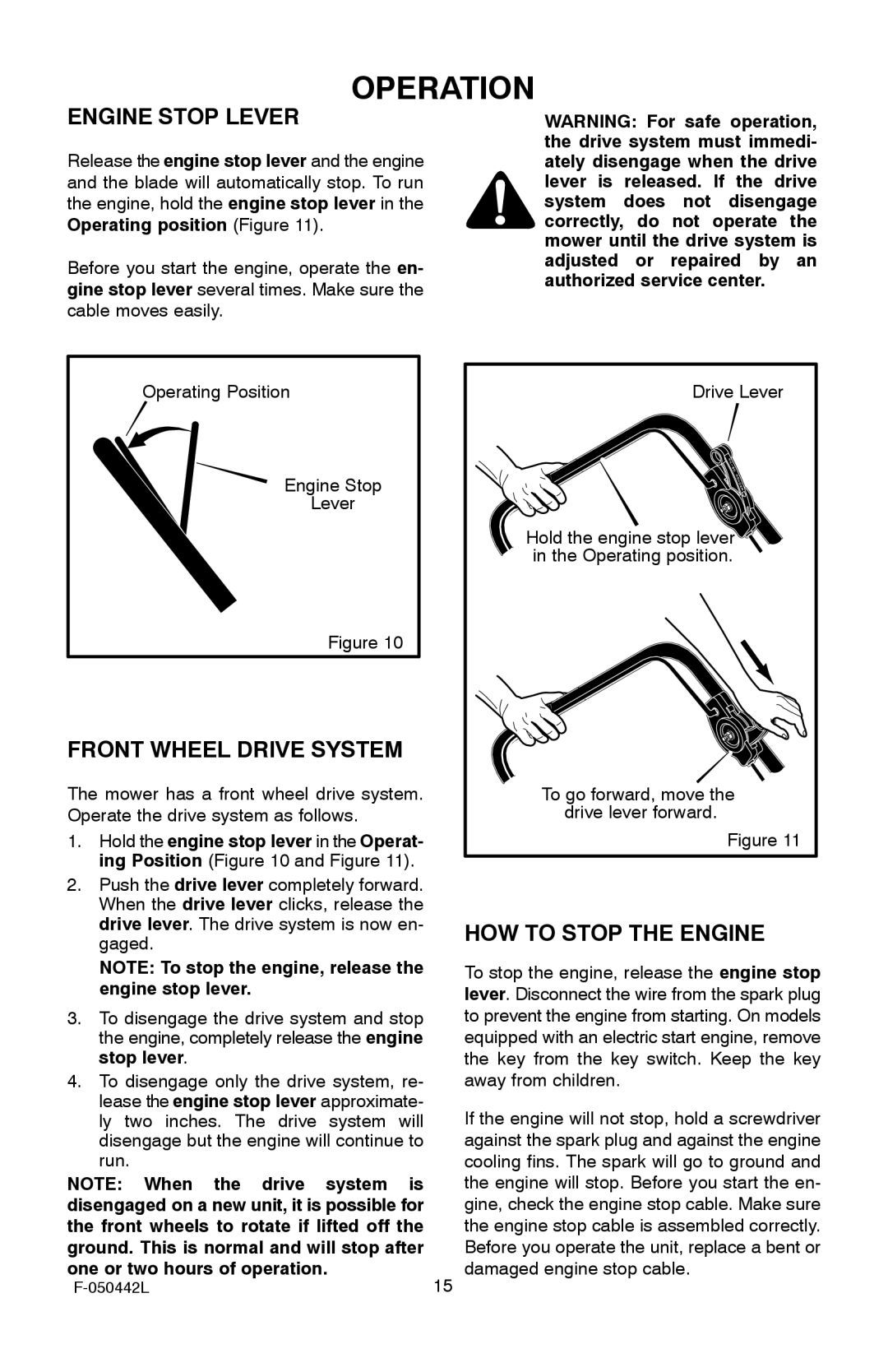 Murray 22 Front Drive manual Operation, Engine Stop Lever, Front Wheel Drive System, HOW to Stop the Engine 