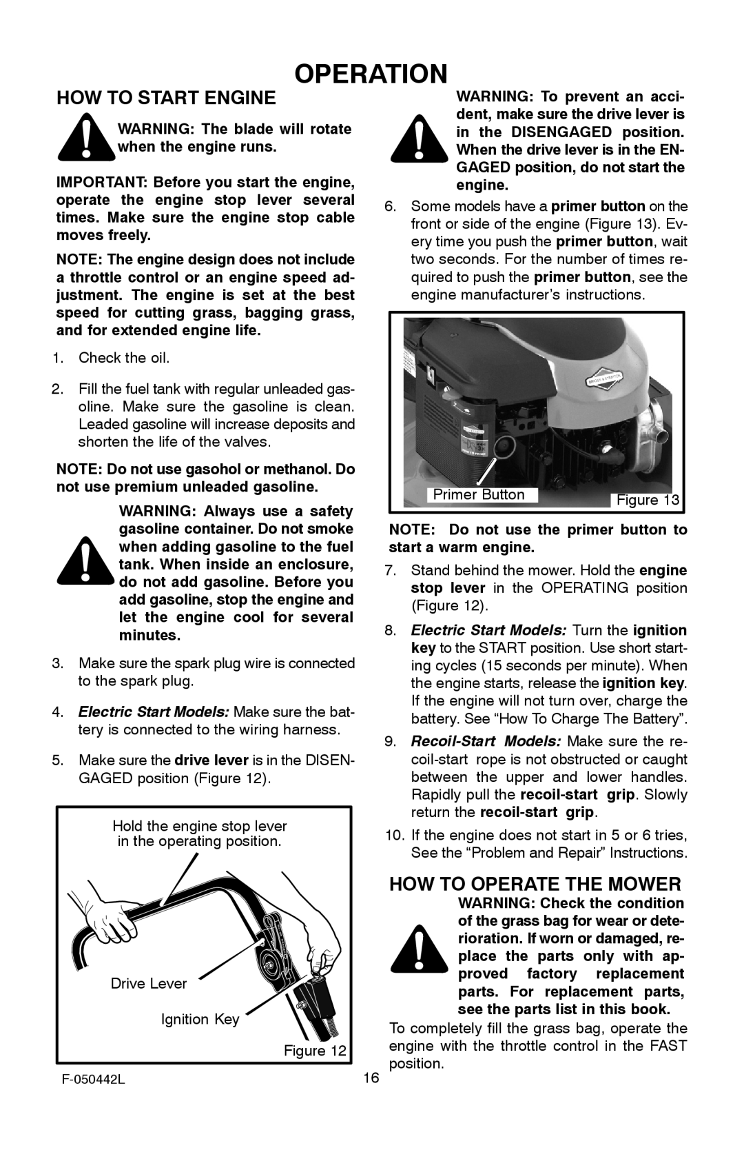 Murray 22 Front Drive manual HOW to Start Engine, HOW to Operate the Mower 