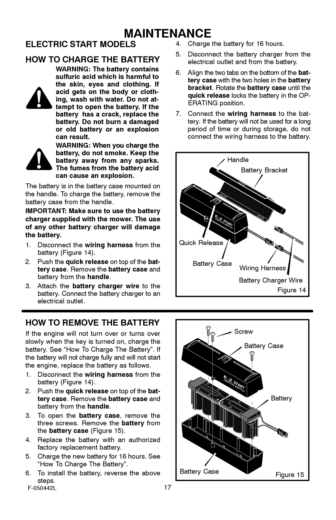 Murray 22 Front Drive manual Maintenance, Electric Start Models HOW to Charge the Battery, HOW to Remove the Battery 