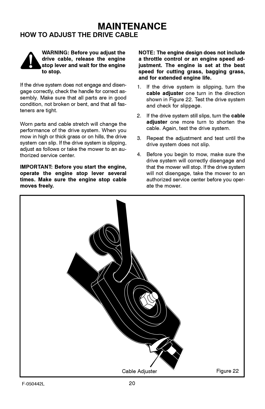 Murray 22 Front Drive manual HOW to Adjust the Drive Cable 