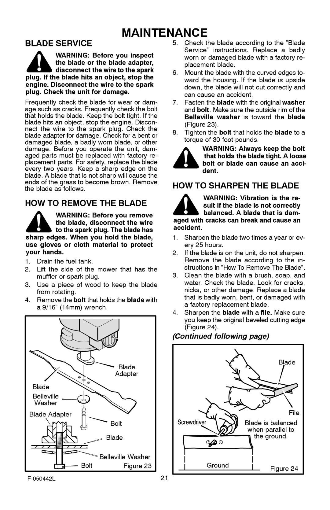 Murray 22 Front Drive manual Blade Service, HOW to Sharpen the Blade, HOW to Remove the Blade 