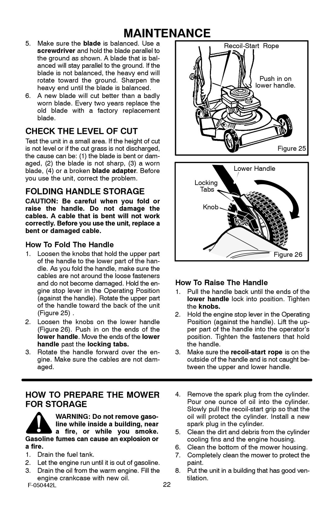 Murray 22 Front Drive manual Check the Level of CUT, Folding Handle Storage, HOW to Prepare the Mower, For Storage 