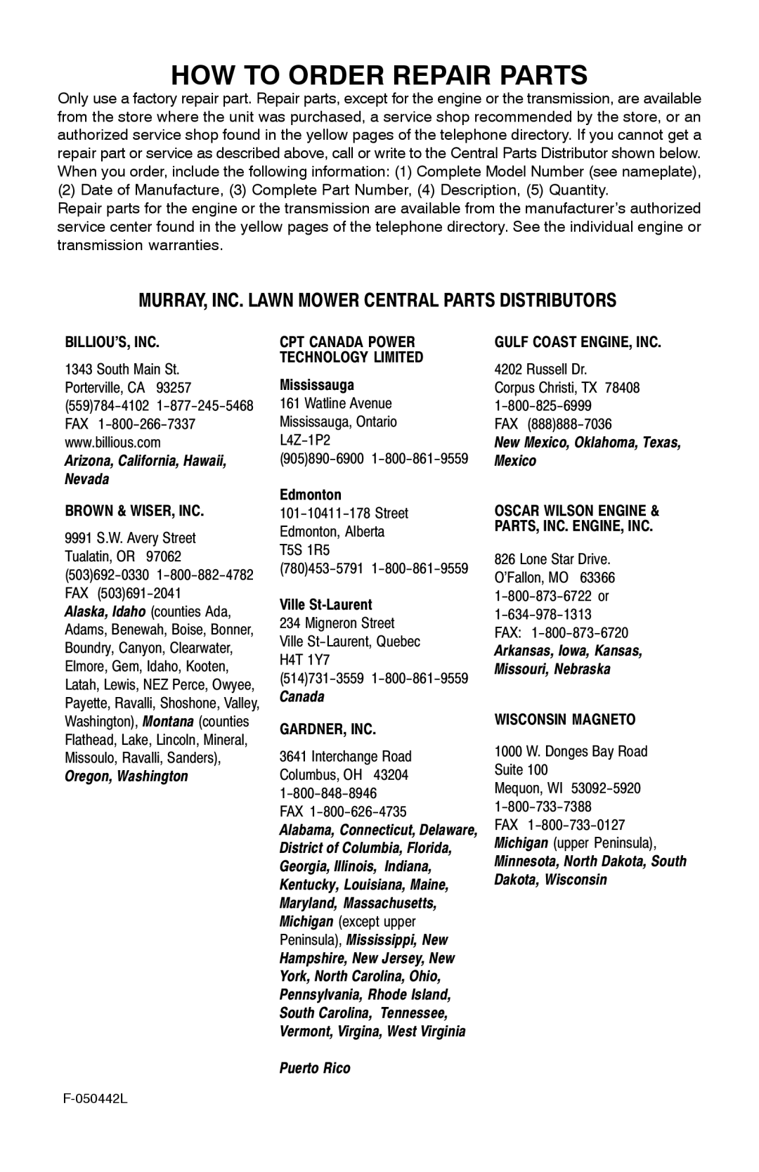 Murray 22 Front Drive manual HOW to Order Repair Parts, MURRAY, INC. Lawn Mower Central Parts Distributors 