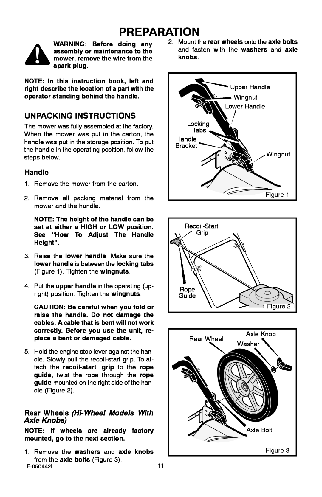 Murray 22" Front Drive manual Preparation, Unpacking Instructions, Rear Wheels Hi-Wheel Models With Axle Knobs 
