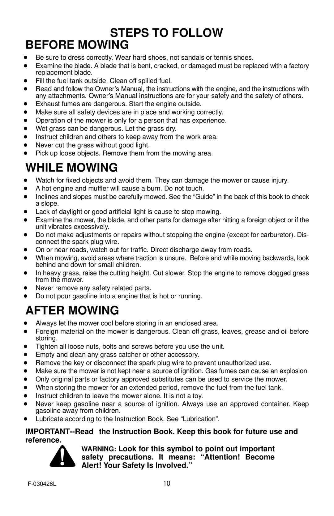 Murray 22 Push manual Steps to Follow Before Mowing, While Mowing, After Mowing 