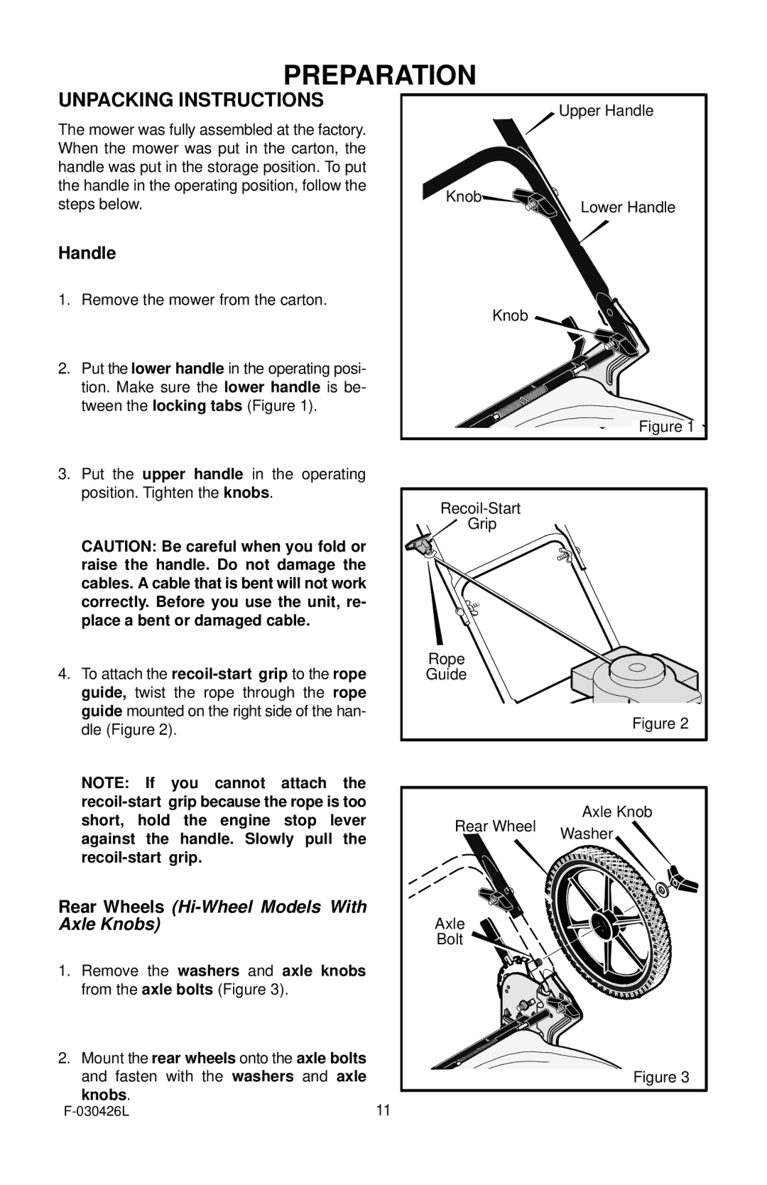 Murray 22 Push manual Preparation, Unpacking Instructions 