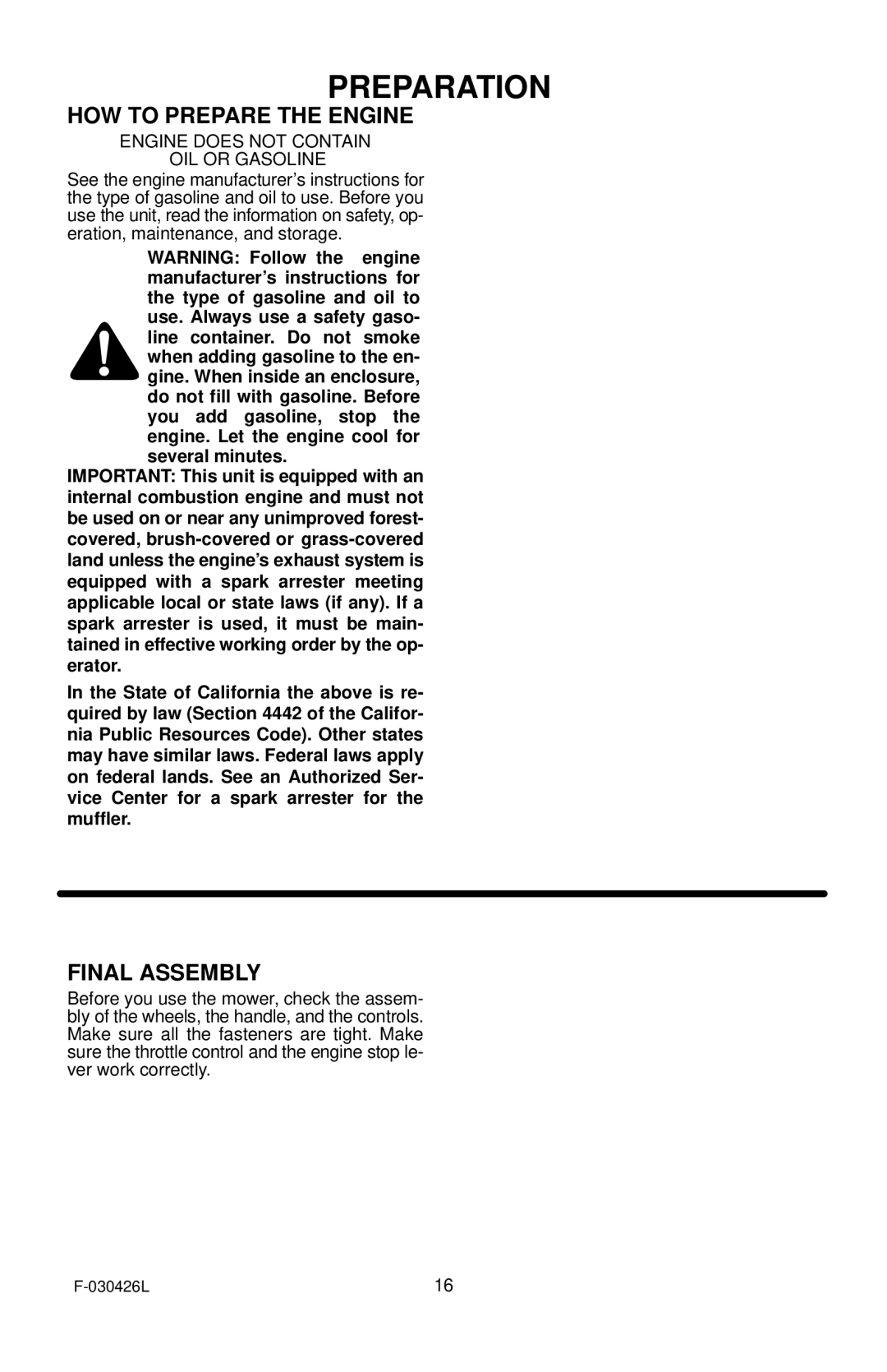 Murray 22 Push manual HOW to Prepare the Engine, Final Assembly 