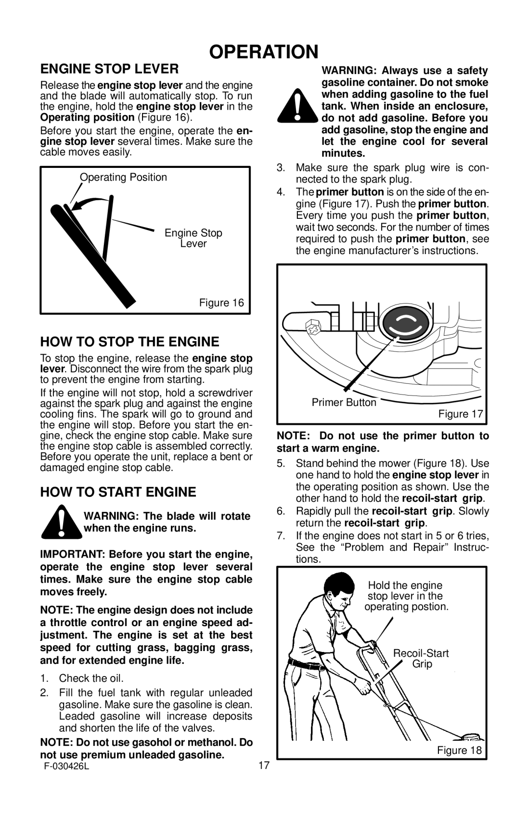 Murray 22 Push manual Operation, Engine Stop Lever, HOW to Stop the Engine, HOW to Start Engine 