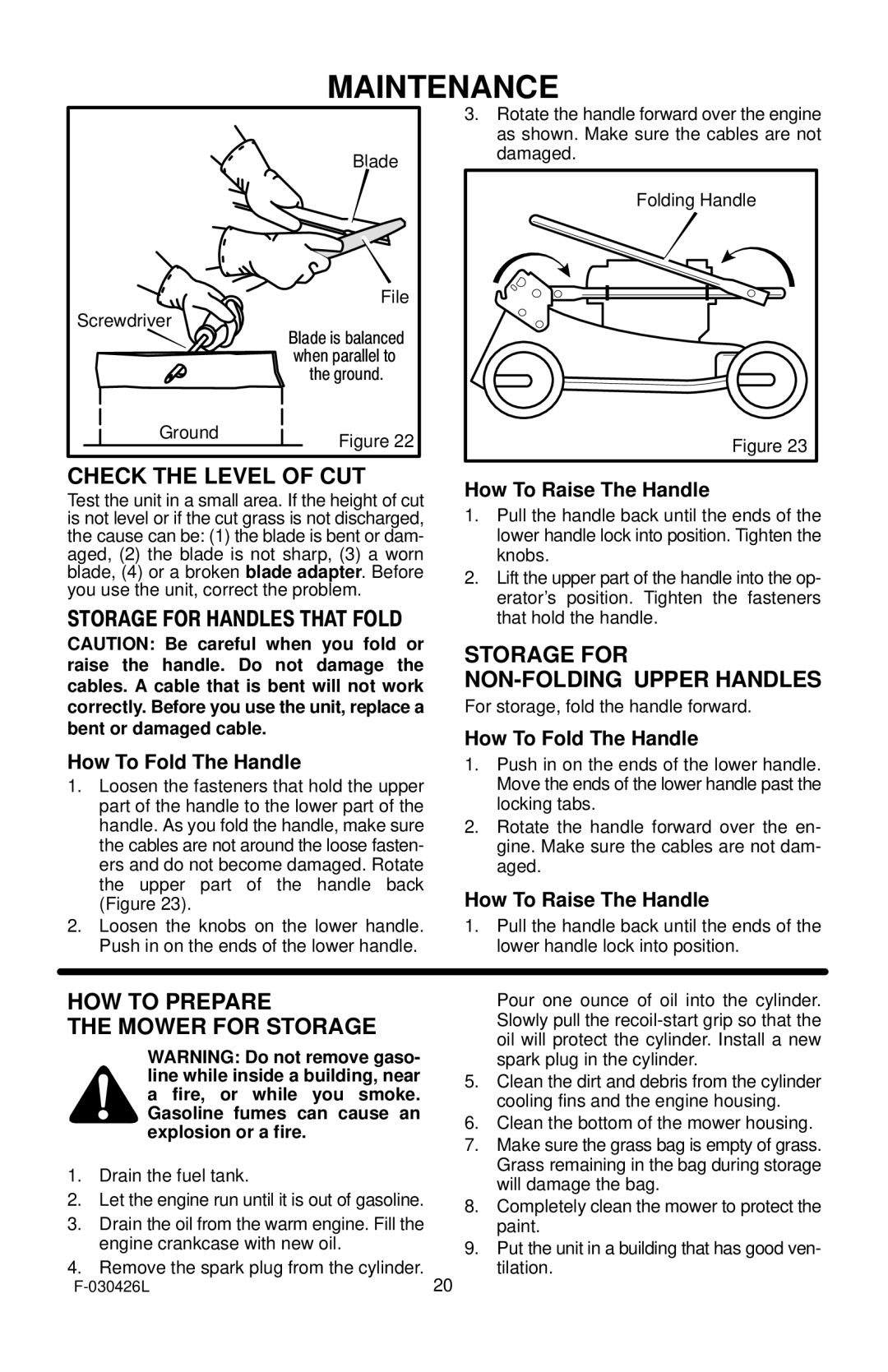 Murray 22 Push manual Check the Level of CUT, Storage for NON-FOLDING Upper Handles, HOW to Prepare Mower for Storage 