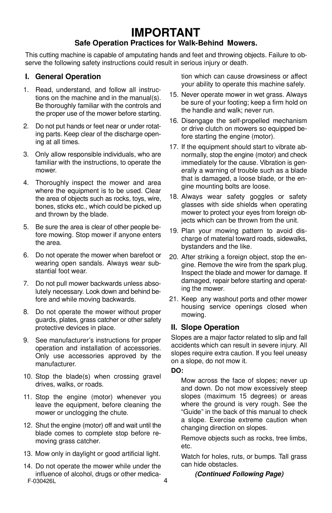 Murray 22 Push manual Safe Operation Practices for Walk-Behind Mowers 