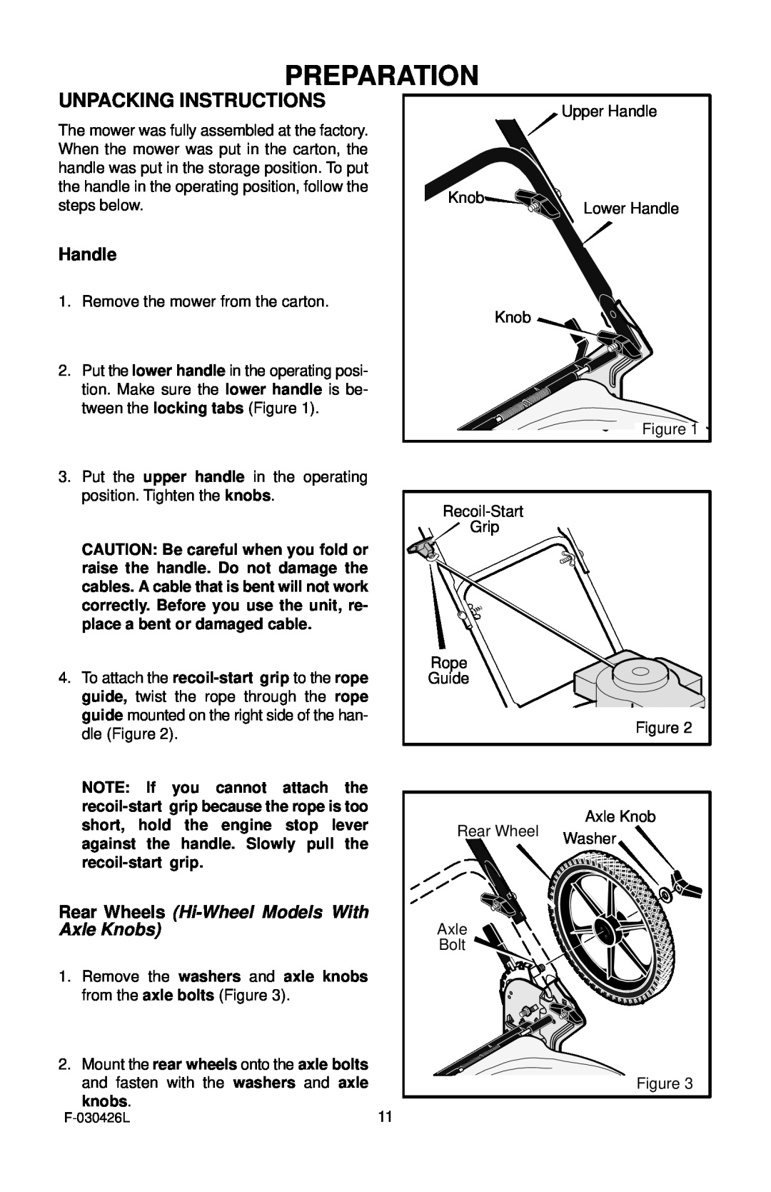 Murray 22" Push manual Preparation, Unpacking Instructions, Rear Wheels Hi-Wheel Models With Axle Knobs 