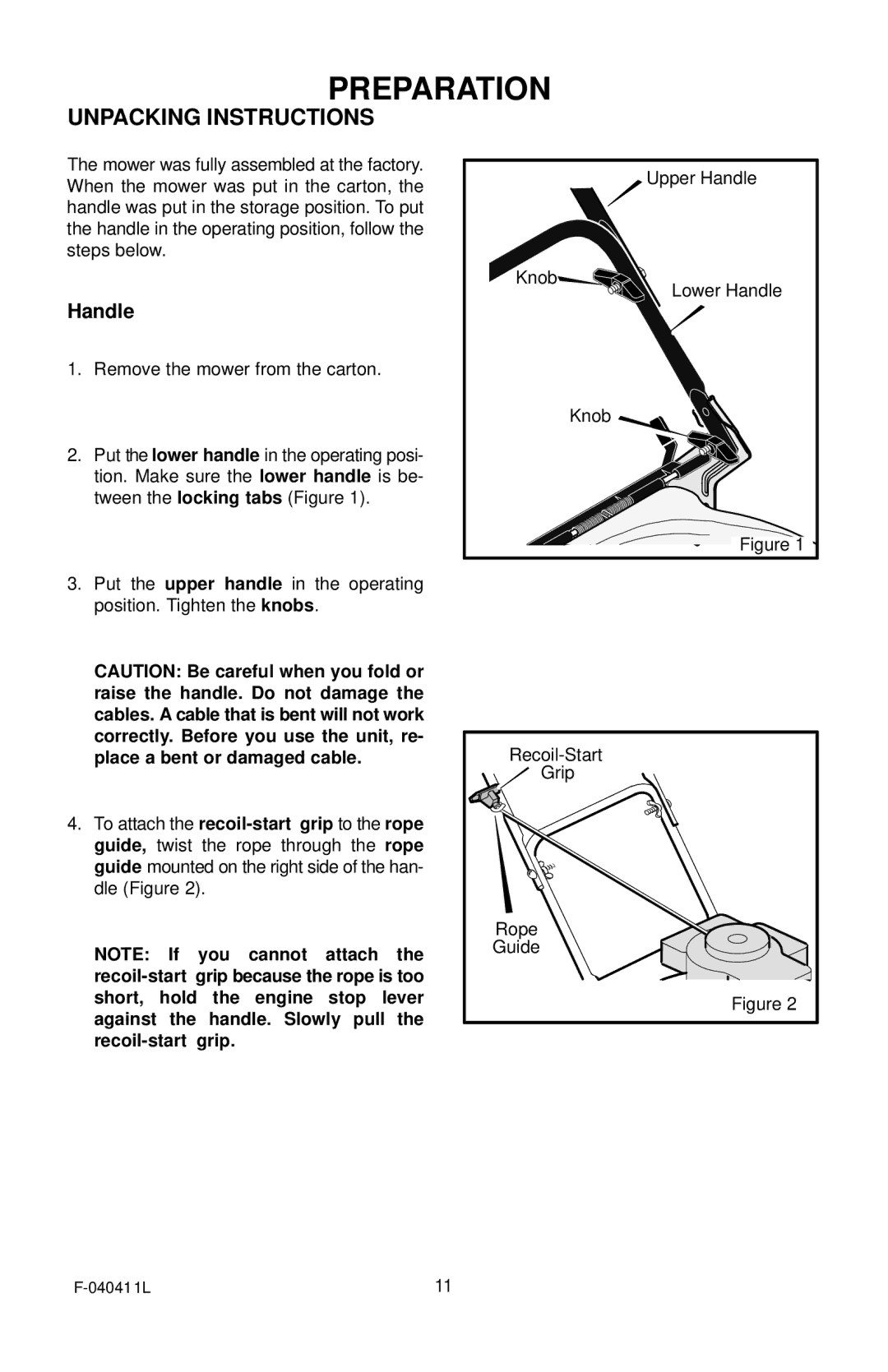 Murray 22 Self-Propelled manual Preparation, Unpacking Instructions 