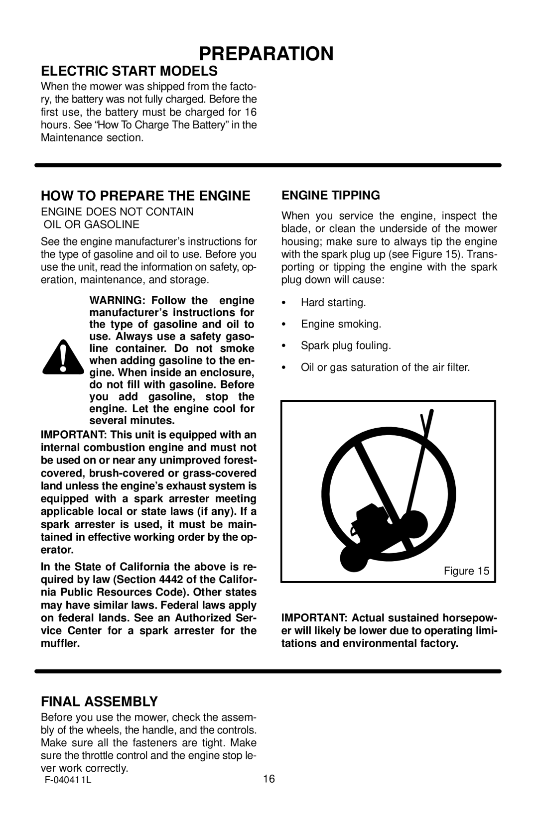 Murray 22 Self-Propelled manual Electric Start Models, HOW to Prepare the Engine, Final Assembly 