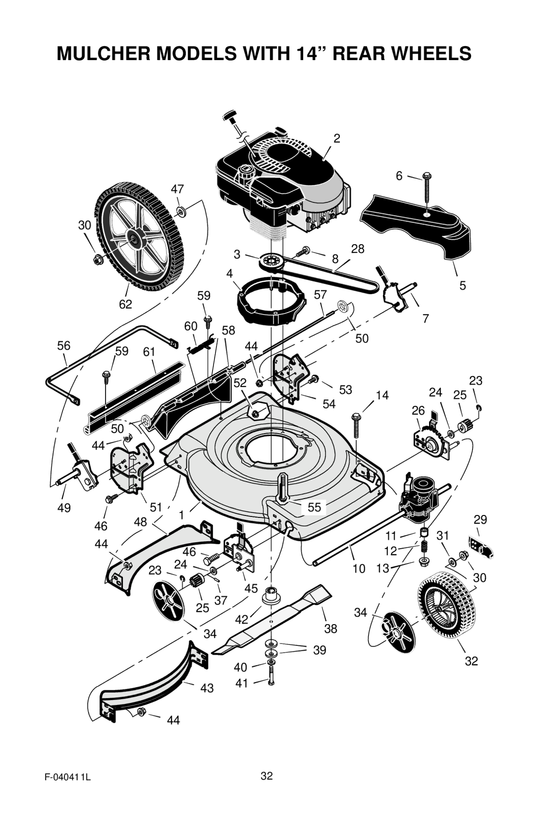 Murray 22 Self-Propelled manual Mulcher Models with 14 Rear Wheels 