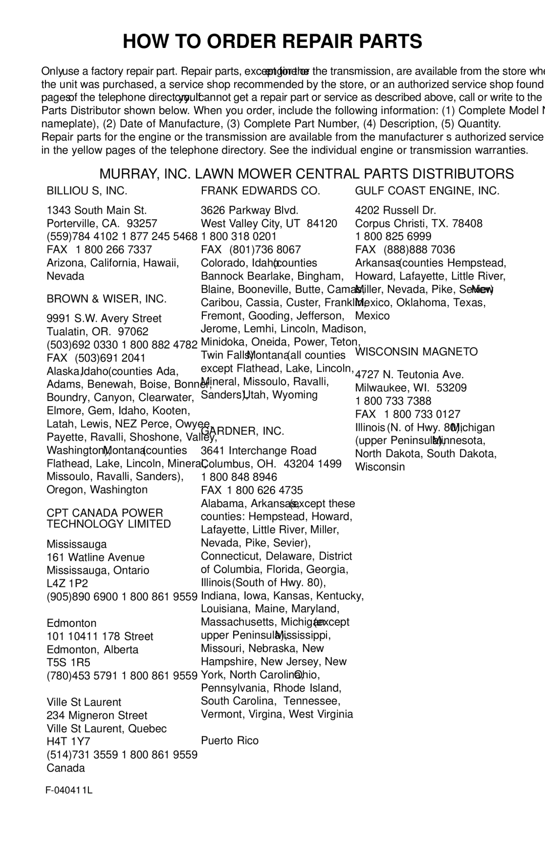 Murray 22 Self-Propelled manual HOW to Order Repair Parts, MURRAY, INC. Lawn Mower Central Parts Distributors 