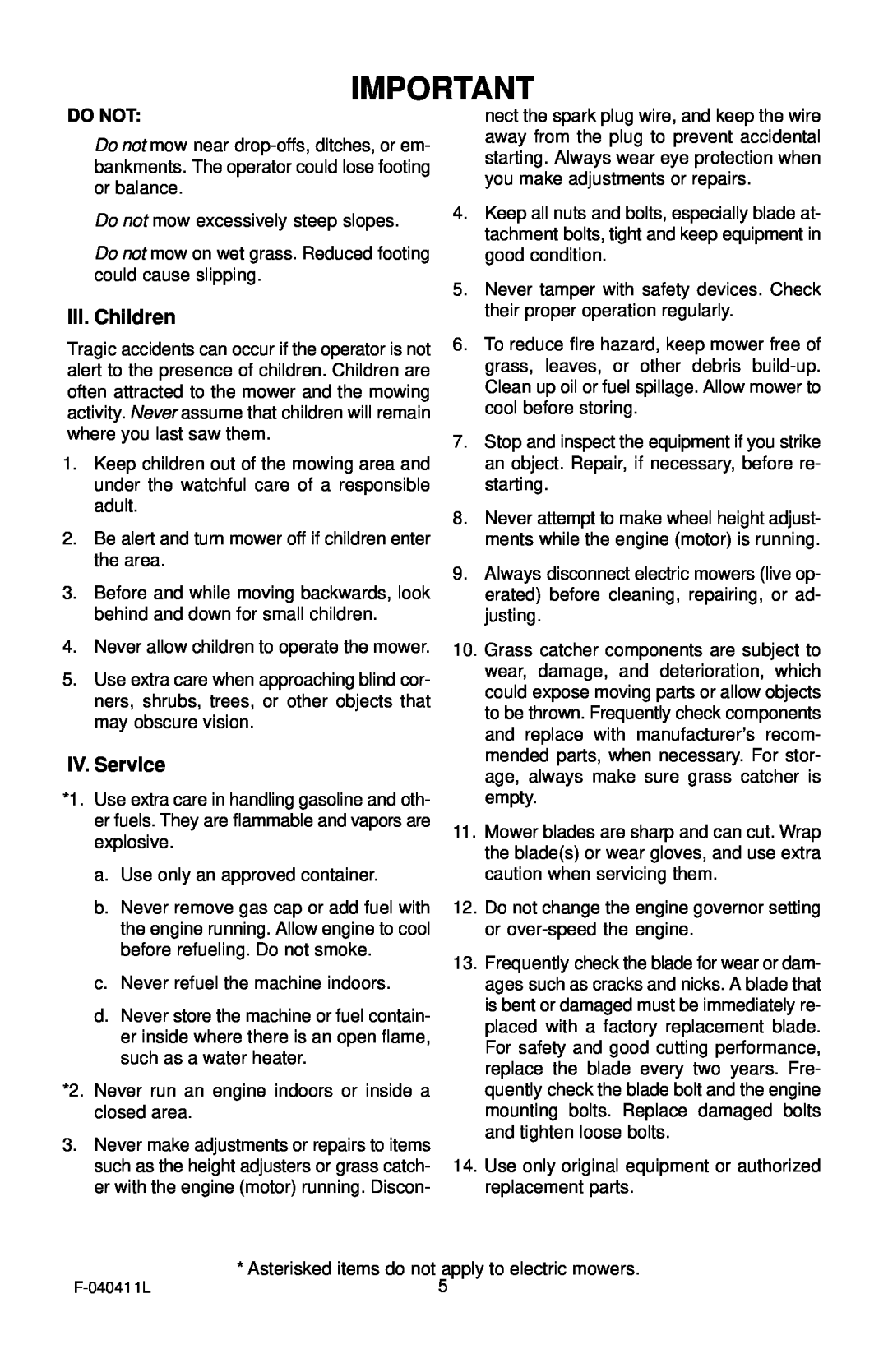 Murray 22" Self-Propelled manual III. Children, IV. Service, Do Not 