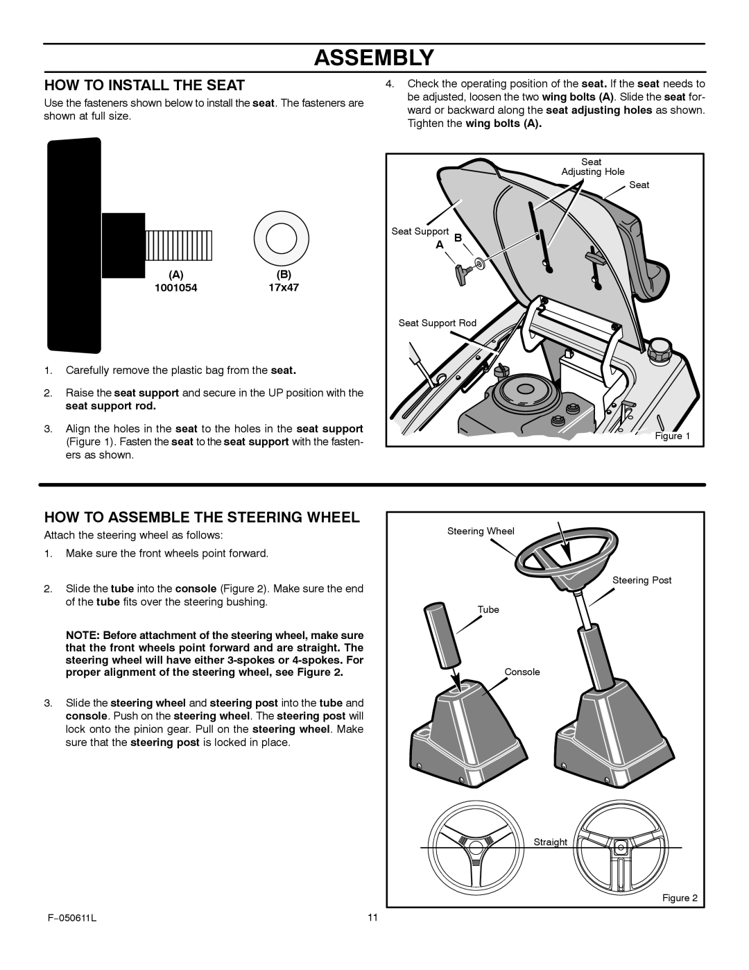 Murray 309007x8B manual HOW to Install the Seat, HOW to Assemble the Steering Wheel 