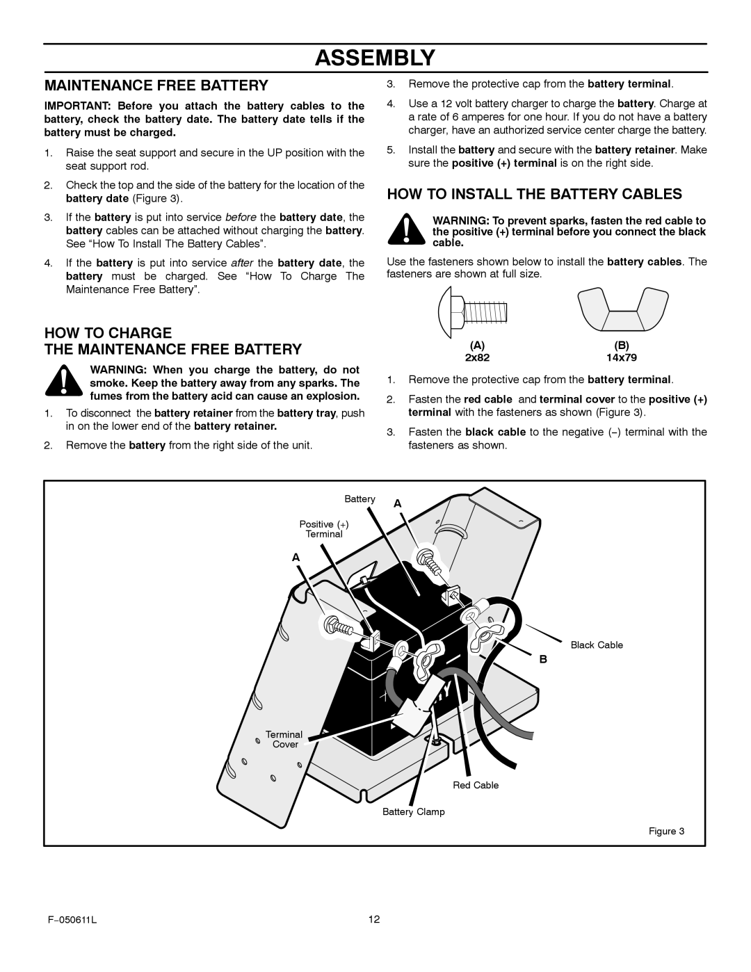 Murray 309007x8B manual HOW to Charge Maintenance Free Battery, HOW to Install the Battery Cables 