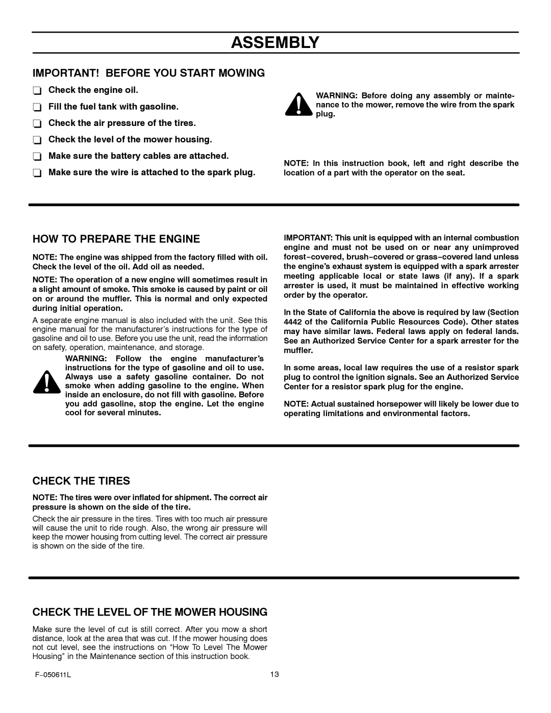 Murray 309007x8B manual IMPORTANT! Before YOU Start Mowing, HOW to Prepare the Engine, Check the Tires 