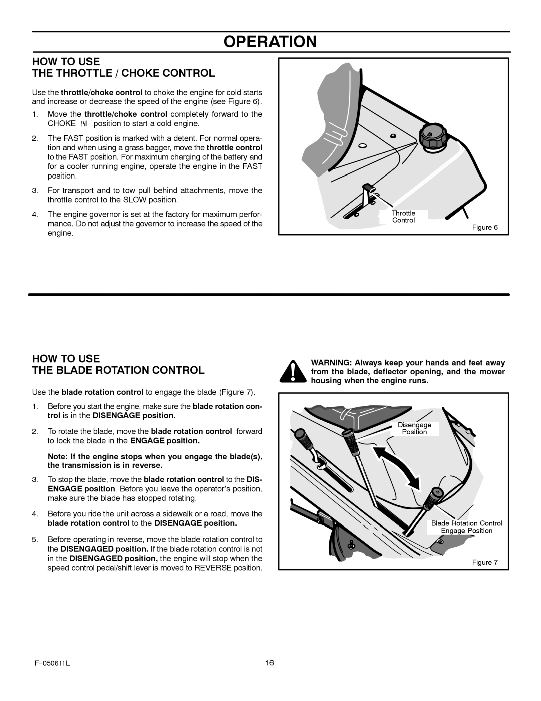 Murray 309007x8B manual HOW to USE Throttle / Choke Control, HOW to USE Blade Rotation Control 