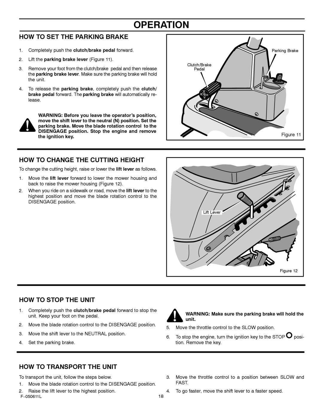 Murray 309007x8B manual HOW to SET the Parking Brake, HOW to Change the Cutting Height, HOW to Stop the Unit 