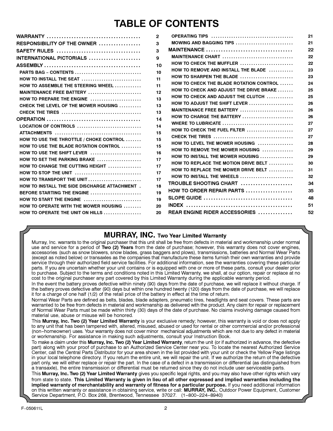 Murray 309007x8B manual Table of Contents 