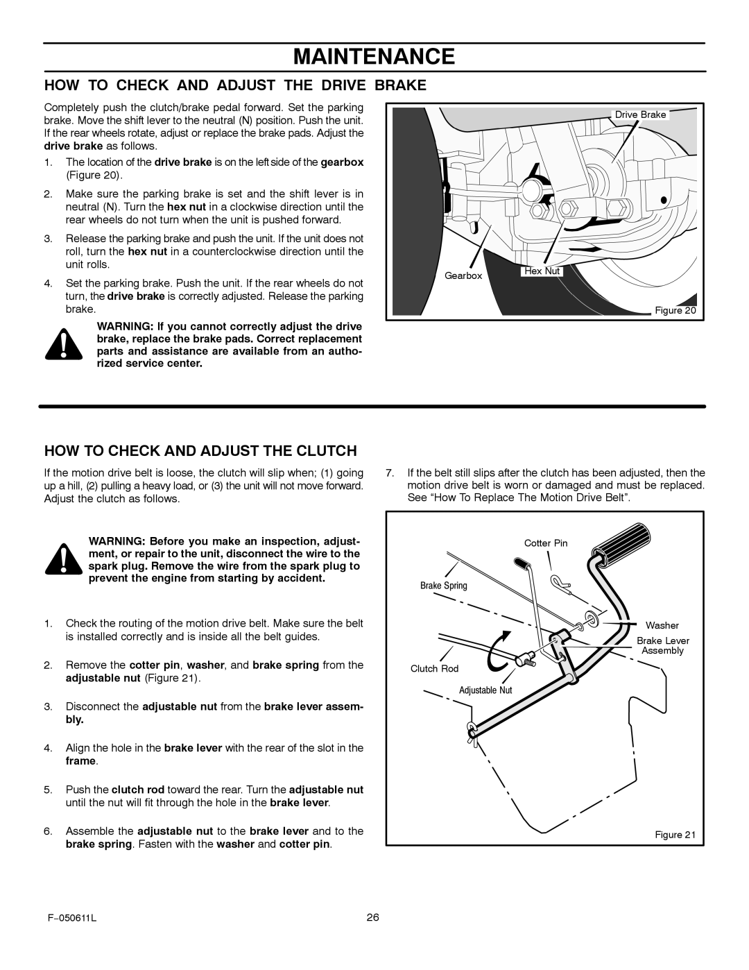 Murray 309007x8B manual HOW to Check and Adjust the Drive Brake, HOW to Check and Adjust the Clutch 