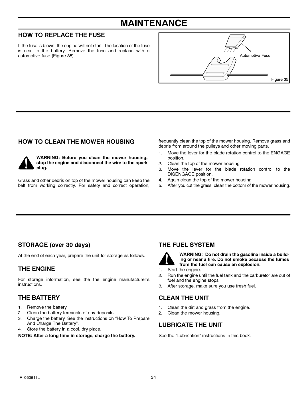 Murray 309007x8B HOW to Replace the Fuse, HOW to Clean the Mower Housing, Engine, Fuel System, Battery, Clean the Unit 