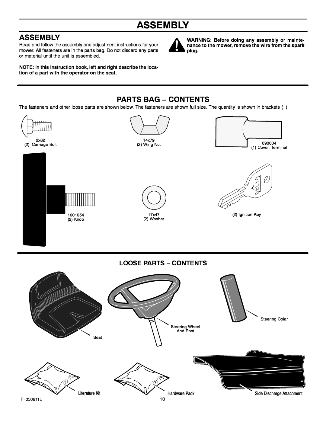 Murray 309007x8B manual Assembly, Parts Bag − Contents, Loose Parts − Contents 